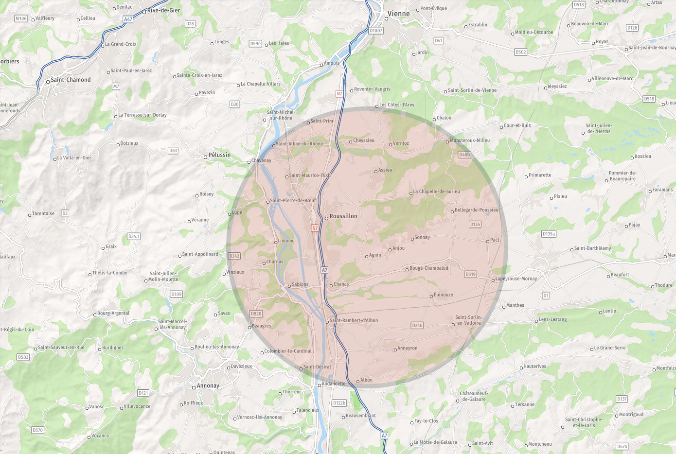 Carte du secteur d’intervention entre Vienne, Péage-de-Roussillon et Saint-Rambert-d’Albon